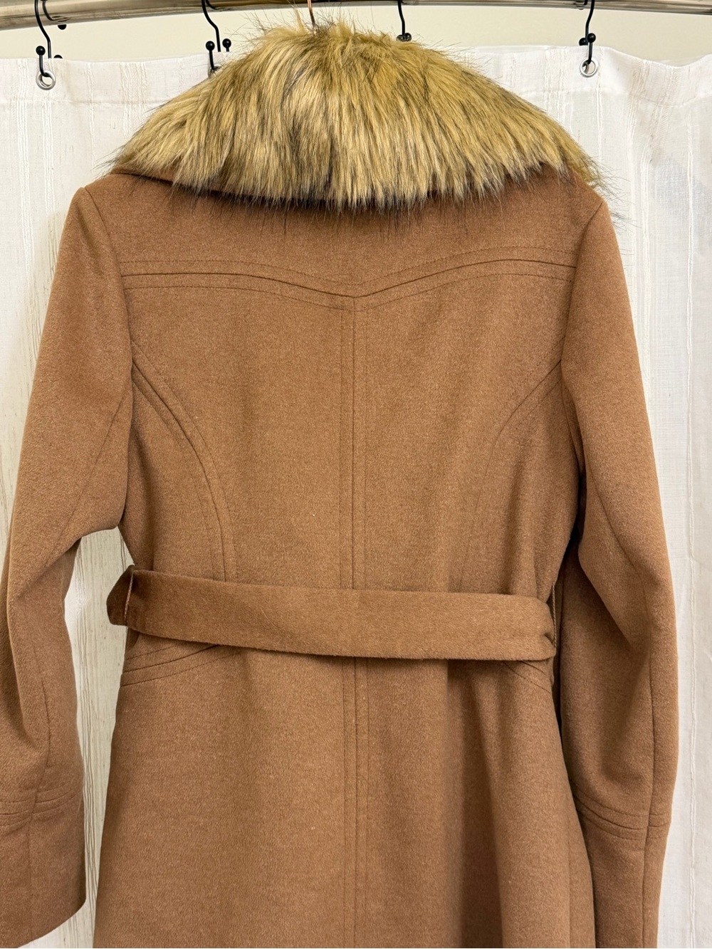 RARE!! Karl Lagerfeld Brown Wool Trench Coat with Faux Fur Collar - Picture 9 of 10